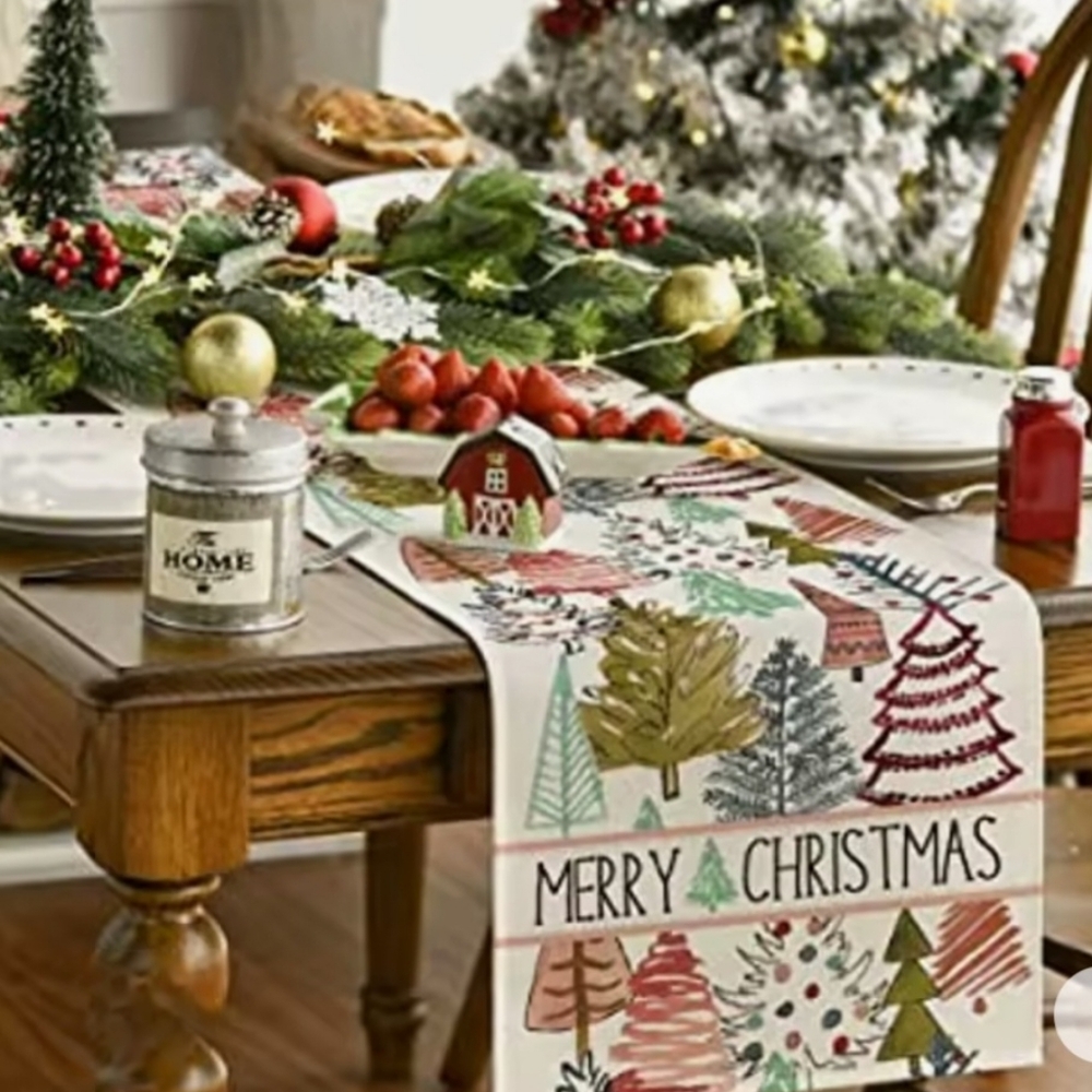 Festive Boho Xmas Trees Merry  Christmas Table Runner